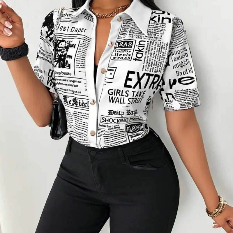 Vintage Fashion Newspaper - Chemisier Femme Imprimé Journal 2026 Tendance