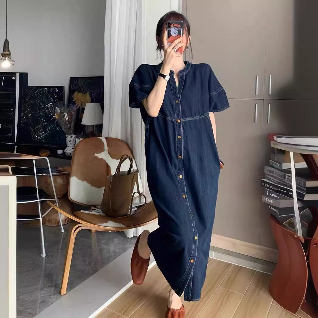 French Vintage Fashion - Nouvelle robe longue en jean ample